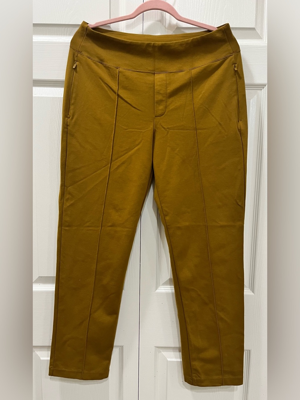 Athleta Eastbound Straight Pant in brass yellow, size 14.